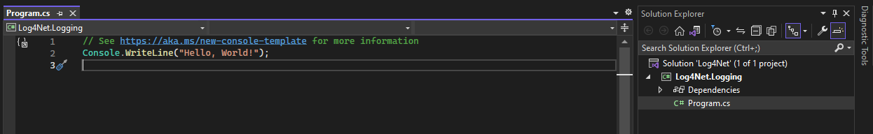 Screenshot from Visual Studio with Console.Writeline "hello, world" text displayed.)