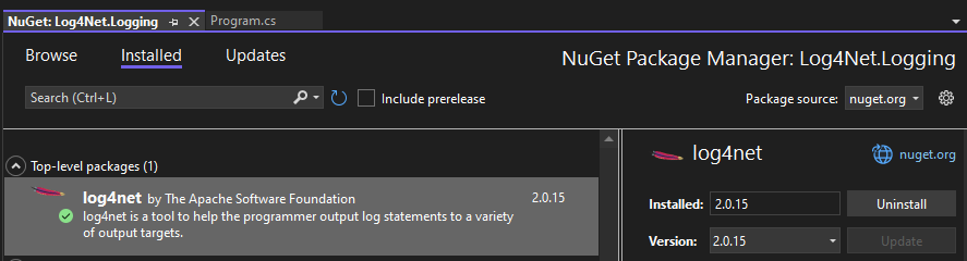 Screenshot from nuget package manager with log4net package selected.