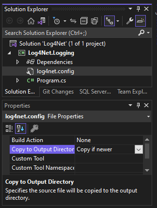 Visual Studio file properties view with Copy to Output Directory option selected.