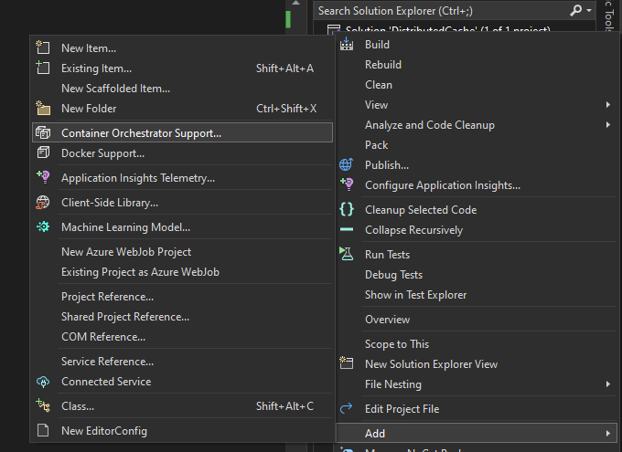Picture with Visual Studio with Container Orchestrator Support option opened.