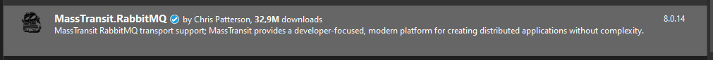 Nuget package manager view with MassTransit.RabbitMQ library selected.