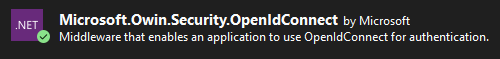 Screenshot from nuget package manager with Microsoft.Owin.Security.OpenIdConnect package.