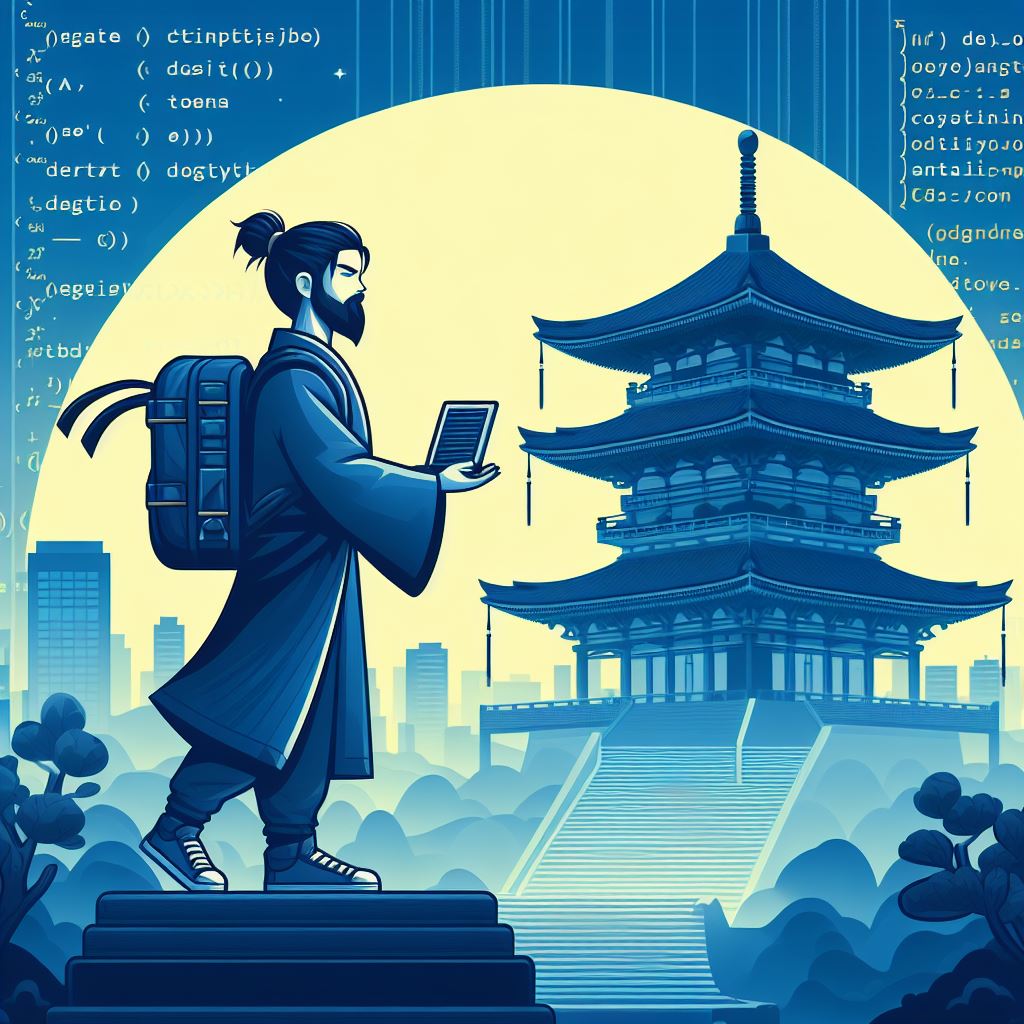 Picture of a samurai standing in the night with code around.