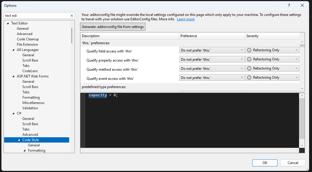 Generate .editorconfig file from settings