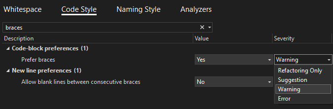 EditorConfig - Prefer braces setting with warning severity level